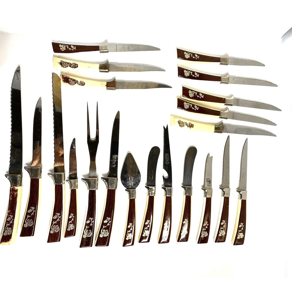 Vintage Sheffield Lifetime Cutlery Knife Set 21 Piece Made England Gold Flower